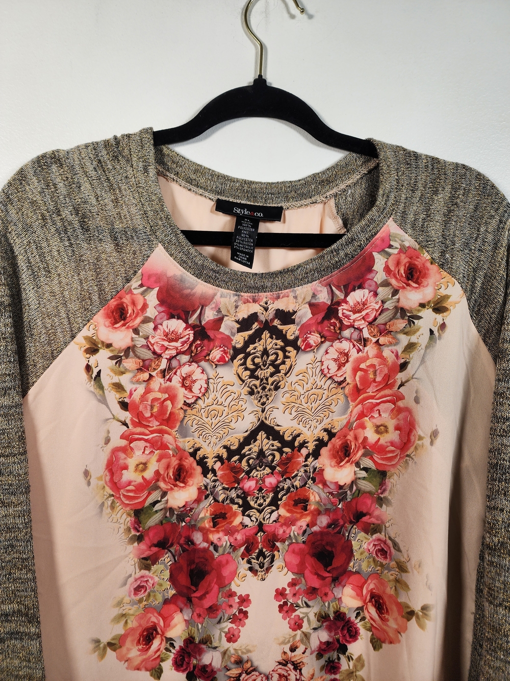 Floral Mixed Media Raglan Long Sleeve Top - Size XL - Picture 3 of 9